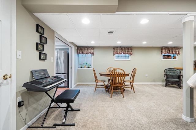 carpeted dining room with baseboards, recessed lighting, and visible vents