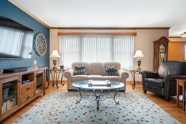 living area featuring crown molding, baseboards, and light wood-style floors