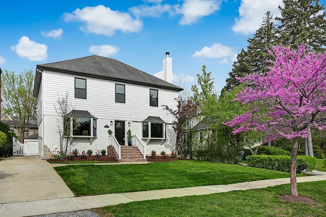 view of front of home with concrete driveway, a chimney, a gate, and a front yard