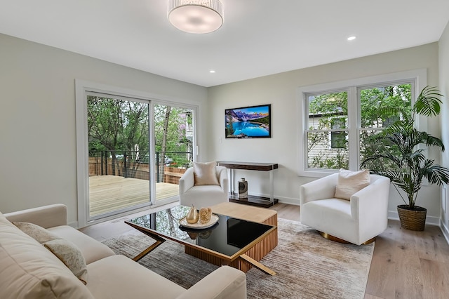 living room with baseboards, recessed lighting, and wood finished floors