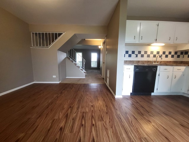 200 Rodenburg Rd, Roselle, IL 60172 - kitchen featuring white cabinets, dishwasher, dark wood finished floors, baseboards, and tasteful backsplash