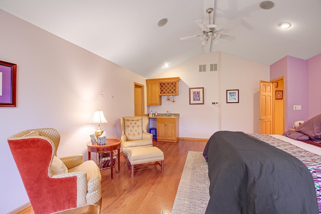 1730 Cambridge Ave, Flossmoor, IL 60422 - bedroom featuring ceiling fan, visible vents, light wood-style flooring, baseboards, and vaulted ceiling