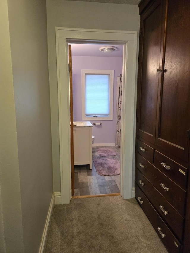 24758 S Tryon St, Channahon, IL 60410 - hallway featuring dark colored carpet and baseboards