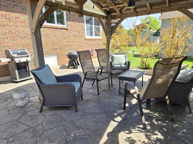 24758 S Tryon St, Channahon, IL 60410 - view of patio featuring a grill, an outdoor hangout area, a gazebo, and ceiling fan