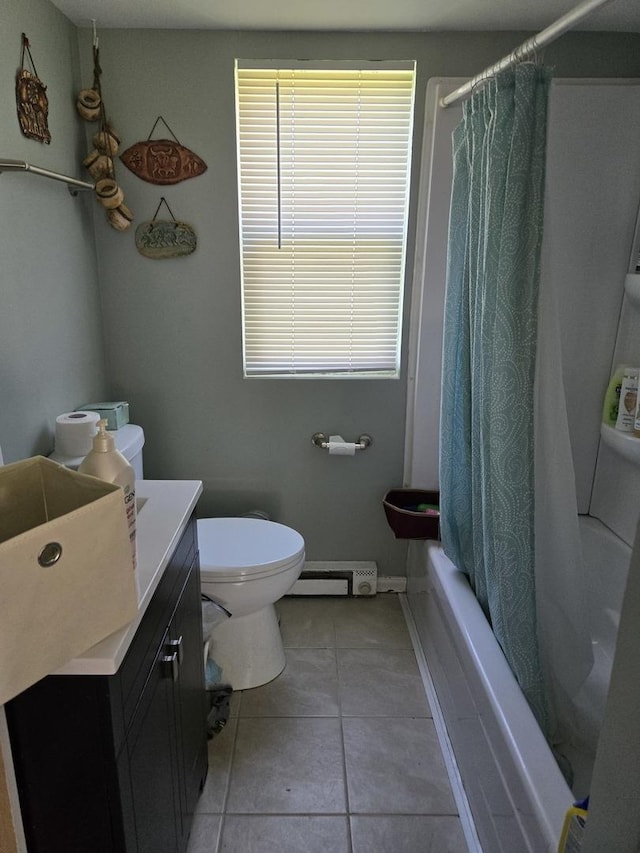 24758 S Tryon St, Channahon, IL 60410 - bathroom featuring shower / bathtub combination with curtain, vanity, tile patterned flooring, baseboard heating, and toilet