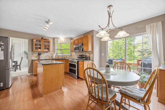 kitchen with stainless steel appliances, a kitchen island, a sink, tasteful backsplash, and light wood finished floors
