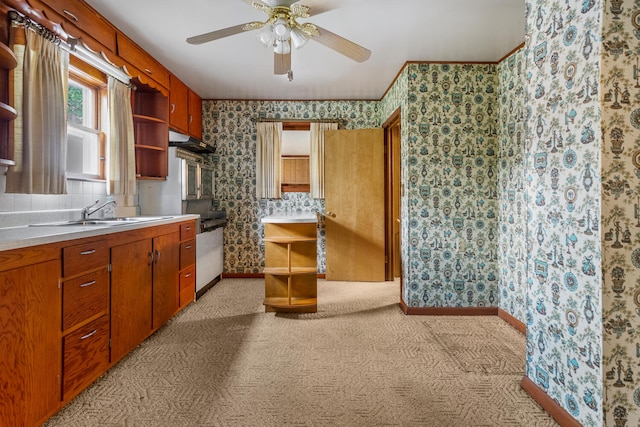 kitchen featuring open shelves, light carpet, a sink, wallpapered walls, and under cabinet range hood