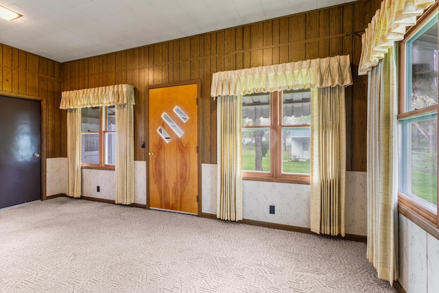 carpeted spare room featuring wooden walls
