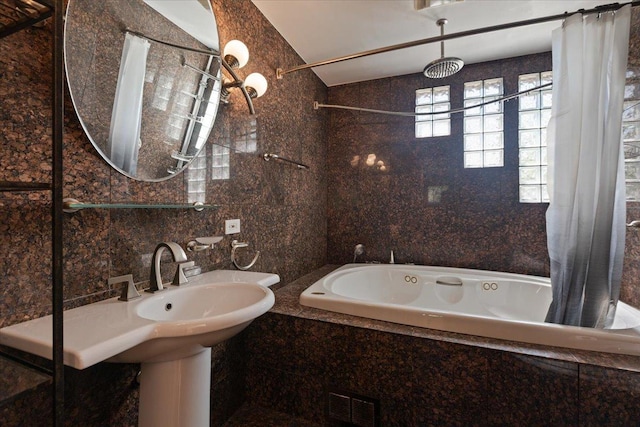 33 Half Day Rd, Lincolnshire, IL 60069 - bathroom with tile walls, shower / bath combo, and a sink