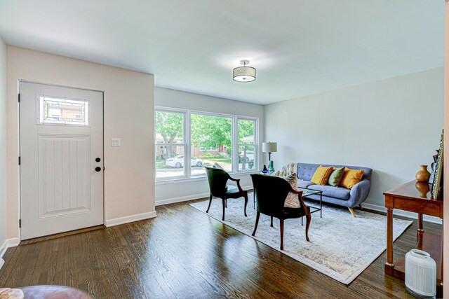 living room featuring baseboards and dark wood-type flooring