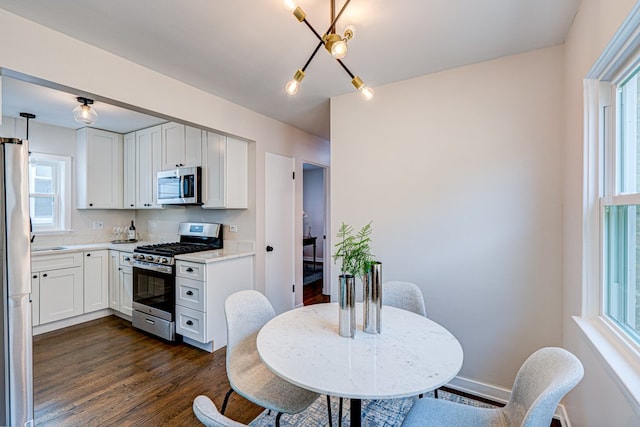 kitchen with light countertops, appliances with stainless steel finishes, a wealth of natural light, and dark wood-type flooring
