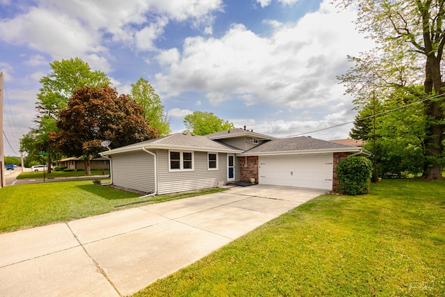 view of front of home featuring concrete driveway, a front yard, a garage, and a shingled roof