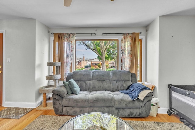 living area featuring baseboards, wood finished floors, and ceiling fan