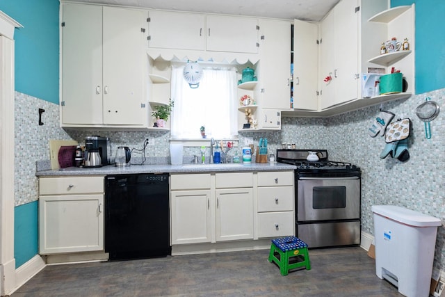 37 Mckinley Ave, Steger, IL 60475 - kitchen with open shelves, stainless steel range with gas stovetop, dishwasher, a sink, and white cabinets