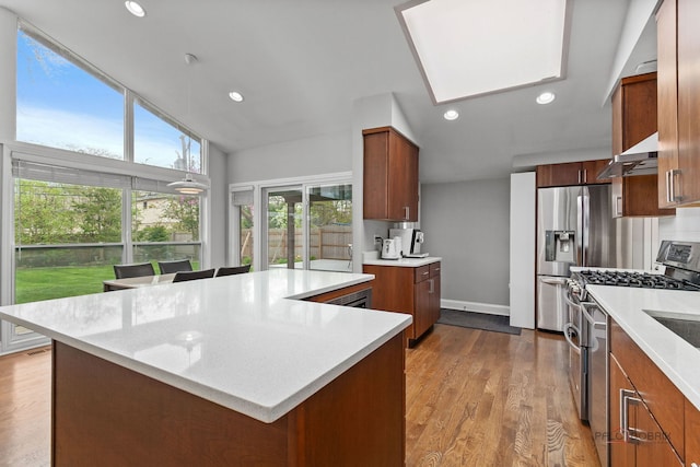 kitchen with recessed lighting, light countertops, under cabinet range hood, a skylight, and stainless steel appliances