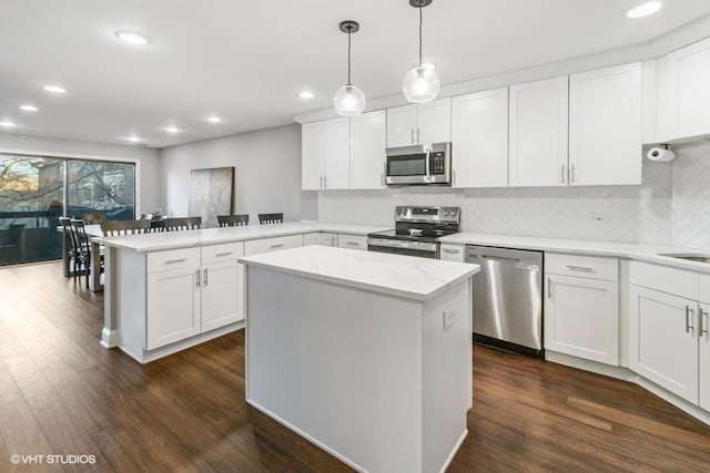 kitchen featuring dark wood-style flooring, stainless steel appliances, recessed lighting, and a peninsula