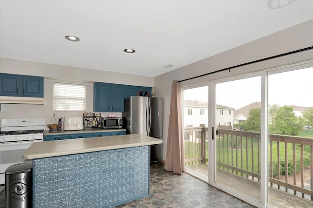 1372 Fox Hound Trl, Beecher, IL 60401 - kitchen featuring appliances with stainless steel finishes, blue cabinetry, under cabinet range hood, light countertops, and stone finish flooring