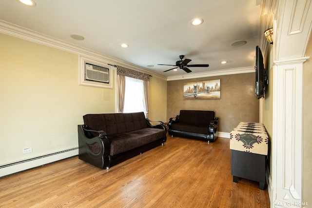 living area featuring ceiling fan, light wood-type flooring, a baseboard heating unit, ornamental molding, and a wall mounted AC