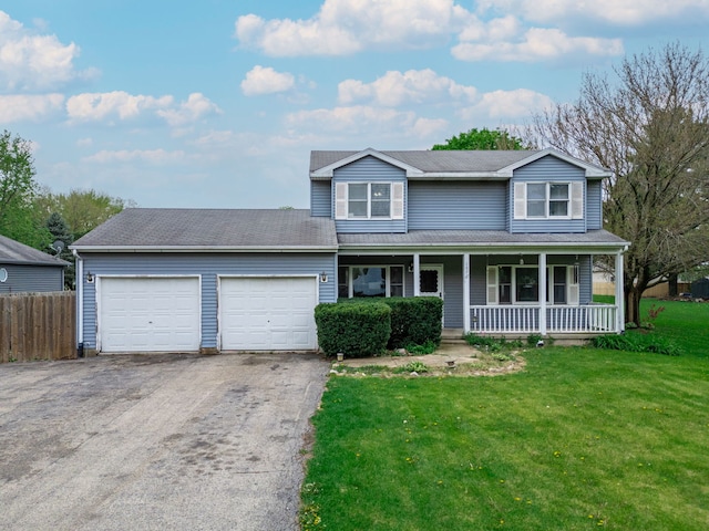 traditional-style home with a front lawn, fence, an attached garage, driveway, and a porch