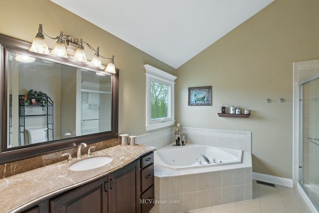 12652 Suffield Dr, Palos Park, IL 60464 - full bathroom featuring visible vents, vanity, tile patterned flooring, lofted ceiling, and a jetted tub