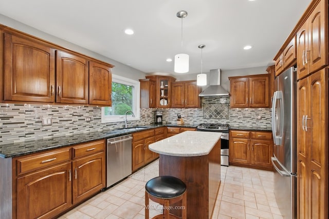 12652 Suffield Dr, Palos Park, IL 60464 - kitchen with brown cabinets, a sink, wall chimney exhaust hood, stainless steel appliances, and tasteful backsplash