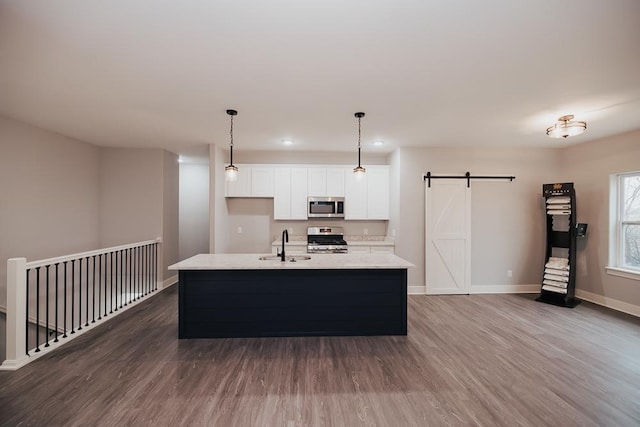 kitchen with a barn door, white cabinetry, dark wood finished floors, and stainless steel appliances