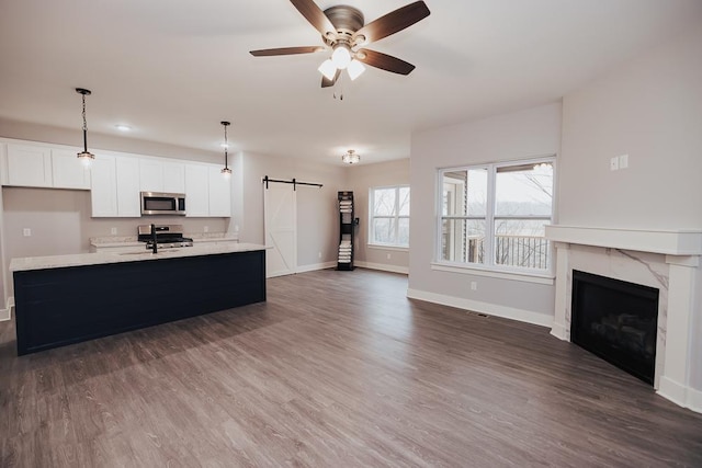 kitchen with light countertops, a barn door, open floor plan, and stainless steel appliances