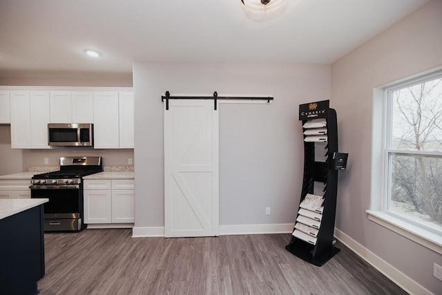 kitchen featuring light countertops, appliances with stainless steel finishes, a barn door, and wood finished floors