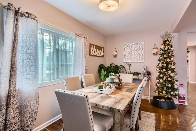 dining area with baseboards and dark wood-style floors