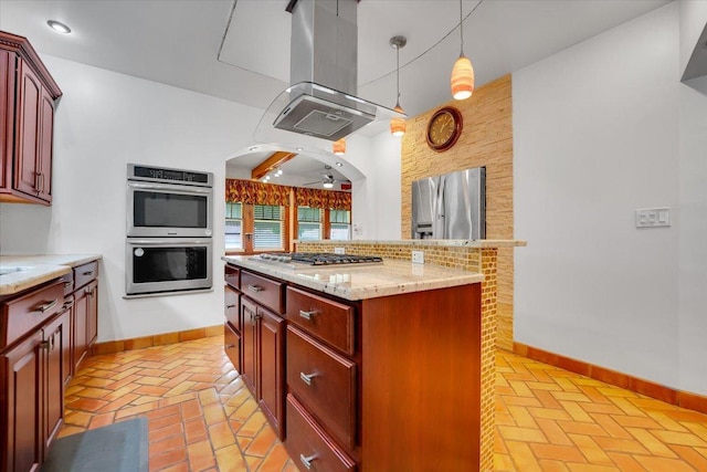 3016 N Major Ave, Chicago, IL 60634 - kitchen featuring brick floor, baseboards, dark brown cabinets, and appliances with stainless steel finishes