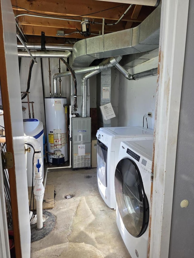 39540 N Channel View Dr, Antioch, IL 60002 - laundry room featuring gas water heater, washer and clothes dryer, and heating unit
