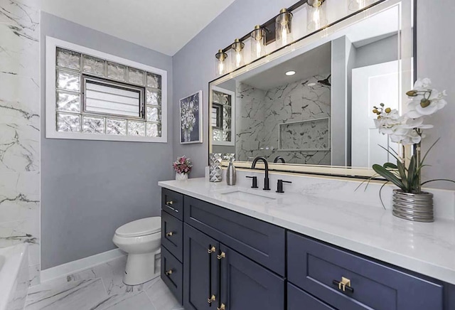 bathroom with vanity, walk in shower, toilet, and marble finish floor