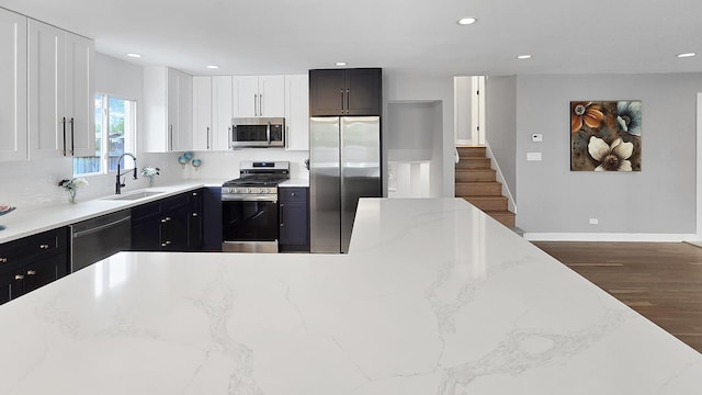 kitchen with light stone countertops, wood finished floors, a sink, dark cabinets, and stainless steel appliances