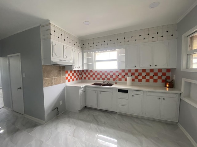 4826 S Throop St, Chicago, IL 60609 - kitchen with a sink, open shelves, white cabinetry, plenty of natural light, and crown molding