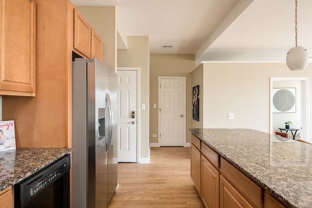 612 S Western Ave Unit 3, Chicago, IL 60612 - kitchen featuring stainless steel refrigerator with ice dispenser, visible vents, light wood finished floors, dark stone counters, and black dishwasher