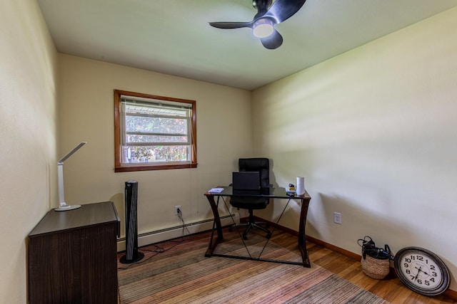 home office featuring baseboards, a baseboard radiator, a ceiling fan, and wood finished floors