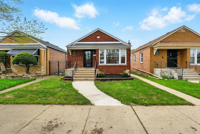 bungalow-style house featuring brick siding, fence, and a front yard
