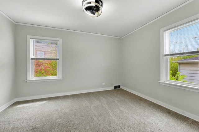 carpeted spare room featuring crown molding, visible vents, and a wealth of natural light