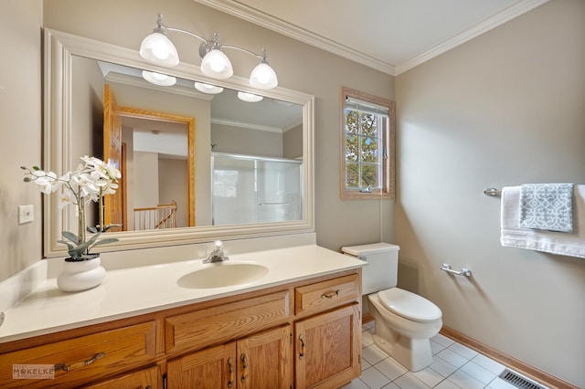 bathroom with visible vents, a stall shower, vanity, tile patterned floors, and toilet