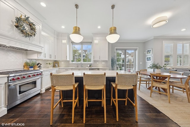 311 E Schiller St, Elmhurst, IL 60126 - kitchen with luxury range, light countertops, crown molding, a kitchen island, and a kitchen bar