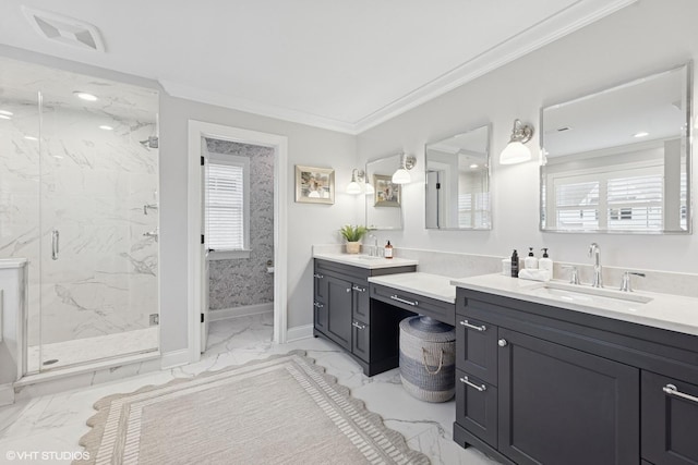 311 E Schiller St, Elmhurst, IL 60126 - bathroom with marble finish floors, ornamental molding, healthy amount of natural light, a marble finish shower, and baseboards