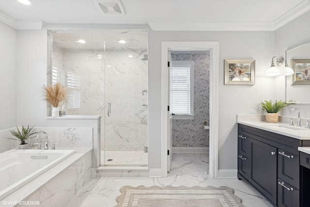 311 E Schiller St, Elmhurst, IL 60126 - full bath featuring marble finish floors, crown molding, vanity, a garden tub, and a marble finish shower