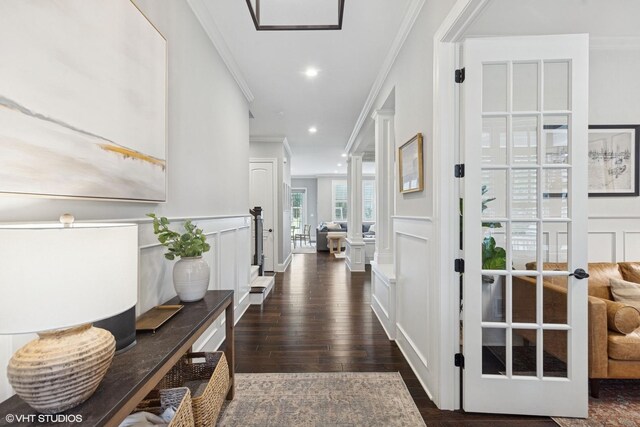 311 E Schiller St, Elmhurst, IL 60126 - hallway with a decorative wall, ornamental molding, dark wood-type flooring, wainscoting, and recessed lighting
