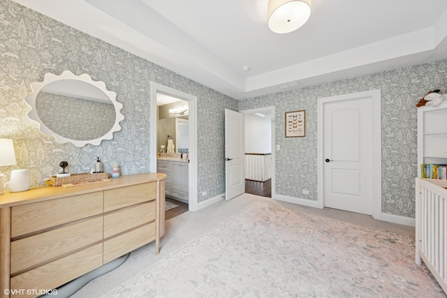 311 E Schiller St, Elmhurst, IL 60126 - bedroom featuring wallpapered walls, light colored carpet, baseboards, and ensuite bath