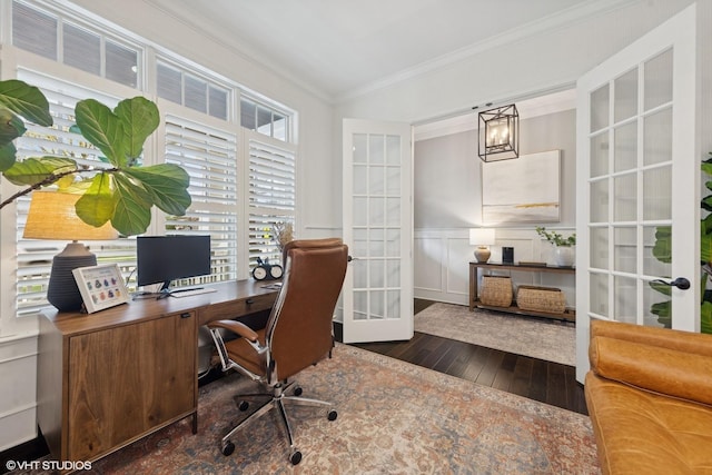 311 E Schiller St, Elmhurst, IL 60126 - office space with french doors, hardwood / wood-style floors, crown molding, a decorative wall, and wainscoting