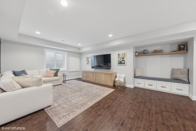 311 E Schiller St, Elmhurst, IL 60126 - living room with dark wood-style floors, baseboards, a raised ceiling, and recessed lighting