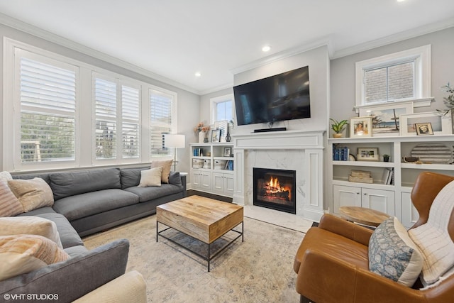 311 E Schiller St, Elmhurst, IL 60126 - living room with ornamental molding, a high end fireplace, and recessed lighting
