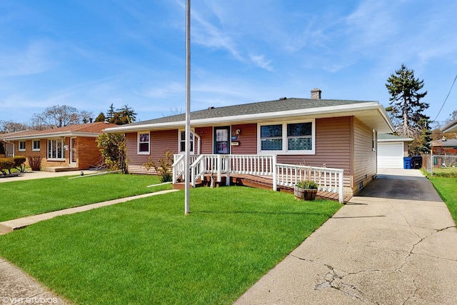 2818 Brentwood Dr, Racine, WI 53403 - ranch-style house with a front lawn, a chimney, a porch, and a garage