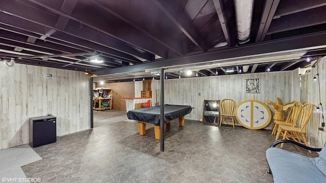 2818 Brentwood Dr, Racine, WI 53403 - recreation room with wood walls, billiards, and stone floors