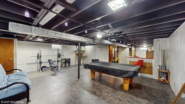 2818 Brentwood Dr, Racine, WI 53403 - rec room featuring stone flooring, a dry bar, pool table, and wooden walls
